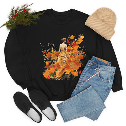 Whimsical Dreams in Autumn Hues: Romantic Dreamy Female Surrounded by Autumn Leaves Sweatshirt Sweatshirt   