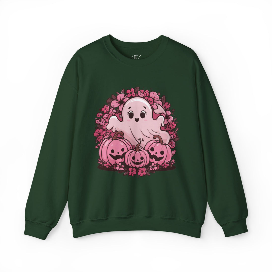 Cute Pink Ghost Halloween Sweatshirt Sweatshirt Printify S Forest Green
