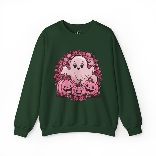 Cute Pink Ghost Halloween Sweatshirt Sweatshirt Printify S Forest Green