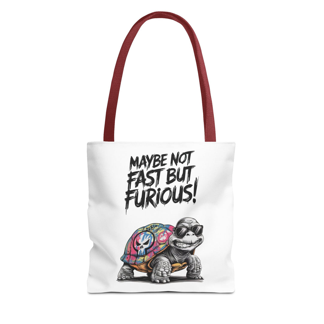 Funny Turtle Tote Bag - Maybe Not Fast But Furious Bags Printify 13" × 13'' Red