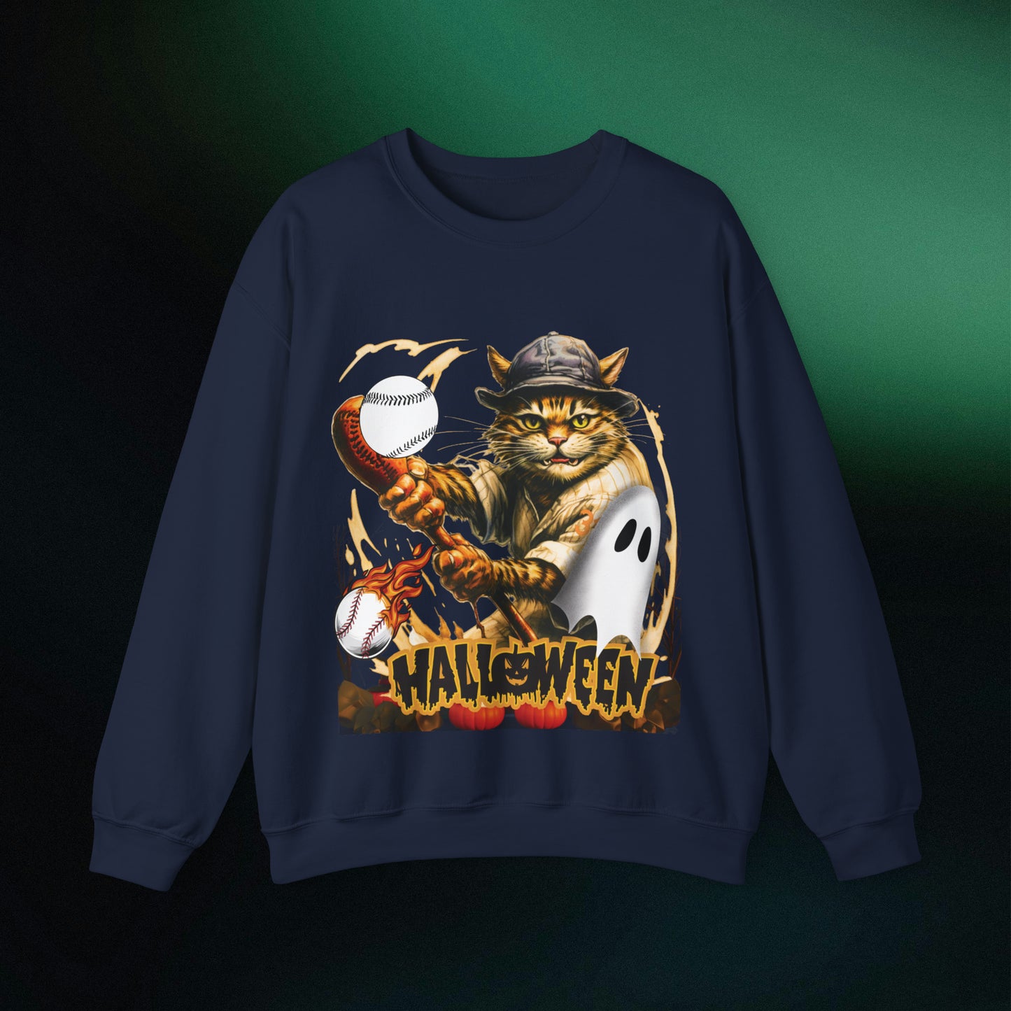Halloween Cat Baseball Sweatshirt | Playful Feline and Pumpkins | Spooky Sports | Halloween Fun Sweatshirt Sweatshirt M Navy 