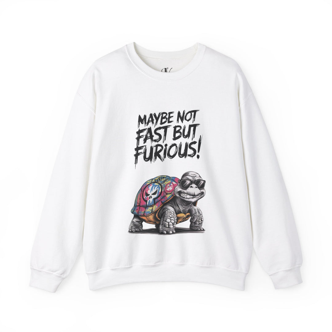 Crewneck Sweatshirt - Maybe Not Fast But Furious Turtle Sweatshirt Printify S White