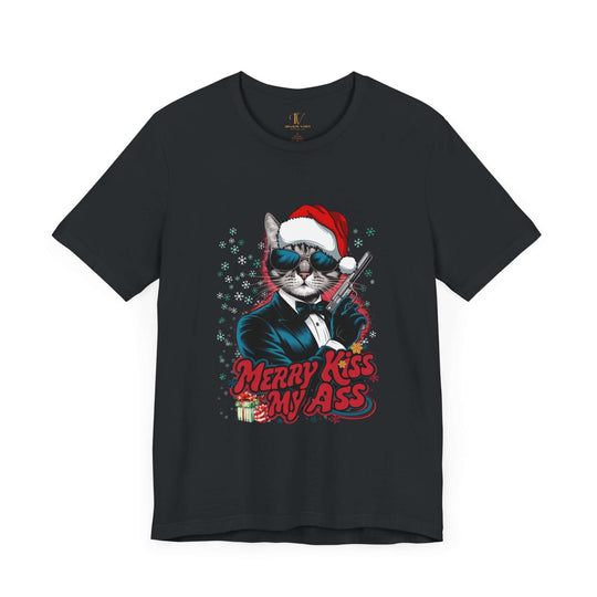 Funny Christmas Cat Unisex Tee- 'Merry Kiss My Ass' T-Shirt Printify Vintage Black XS