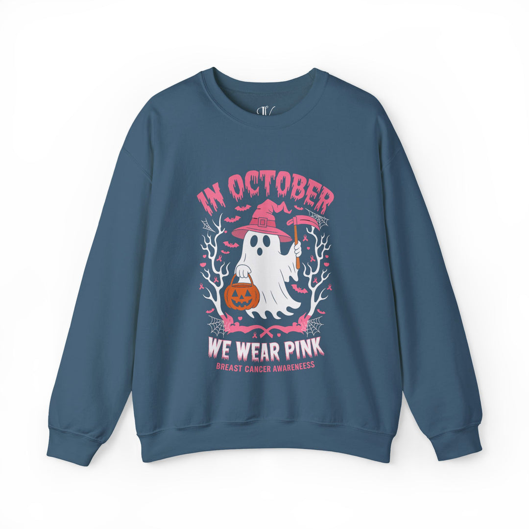 In October We Wear Pink: Breast Cancer Awareness Sweatshirt Sweatshirt Printify S Indigo Blue