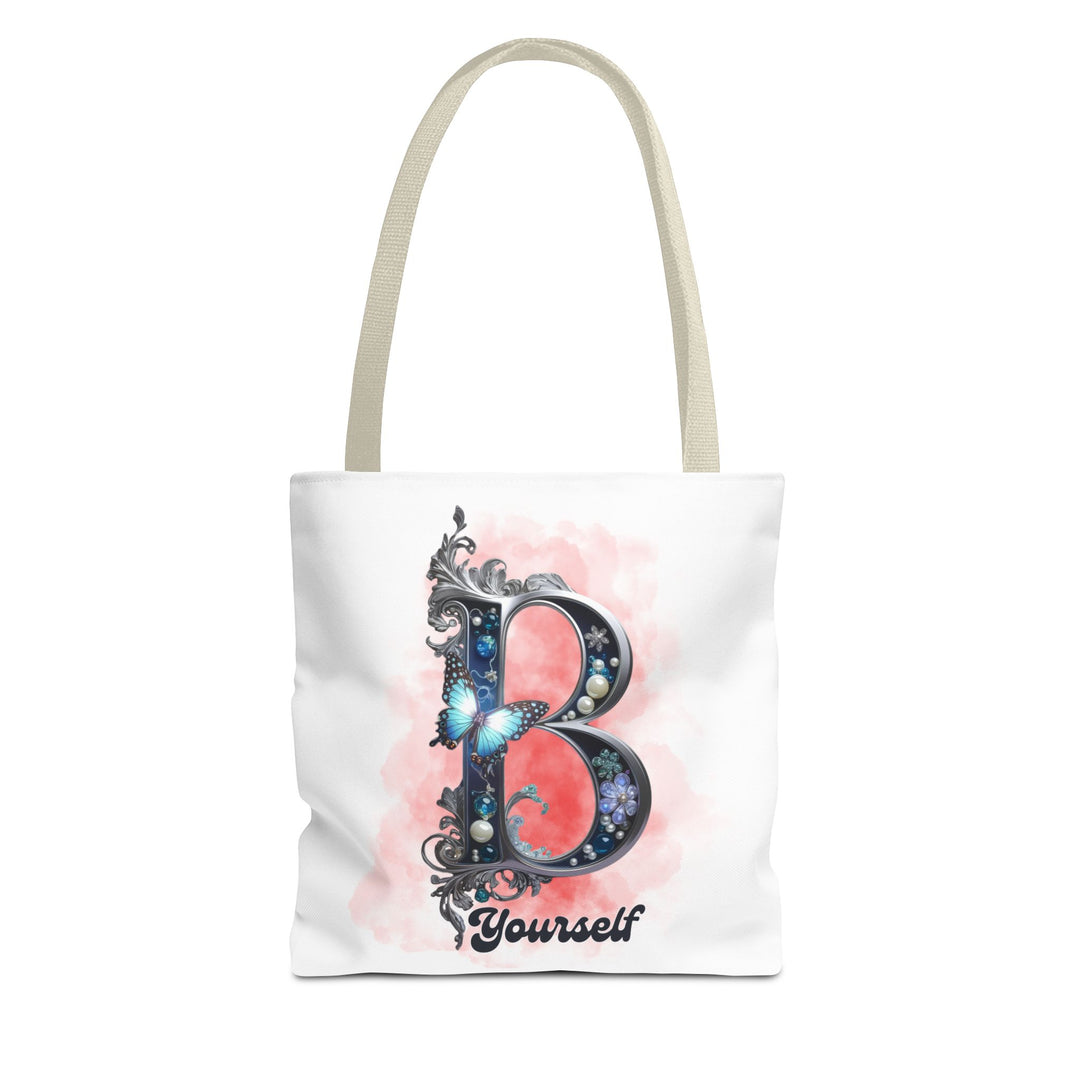 Elegant Feminine Tote Bag with Embellished 'B' and 'Yourself' Bags Printify 13" × 13'' Beige