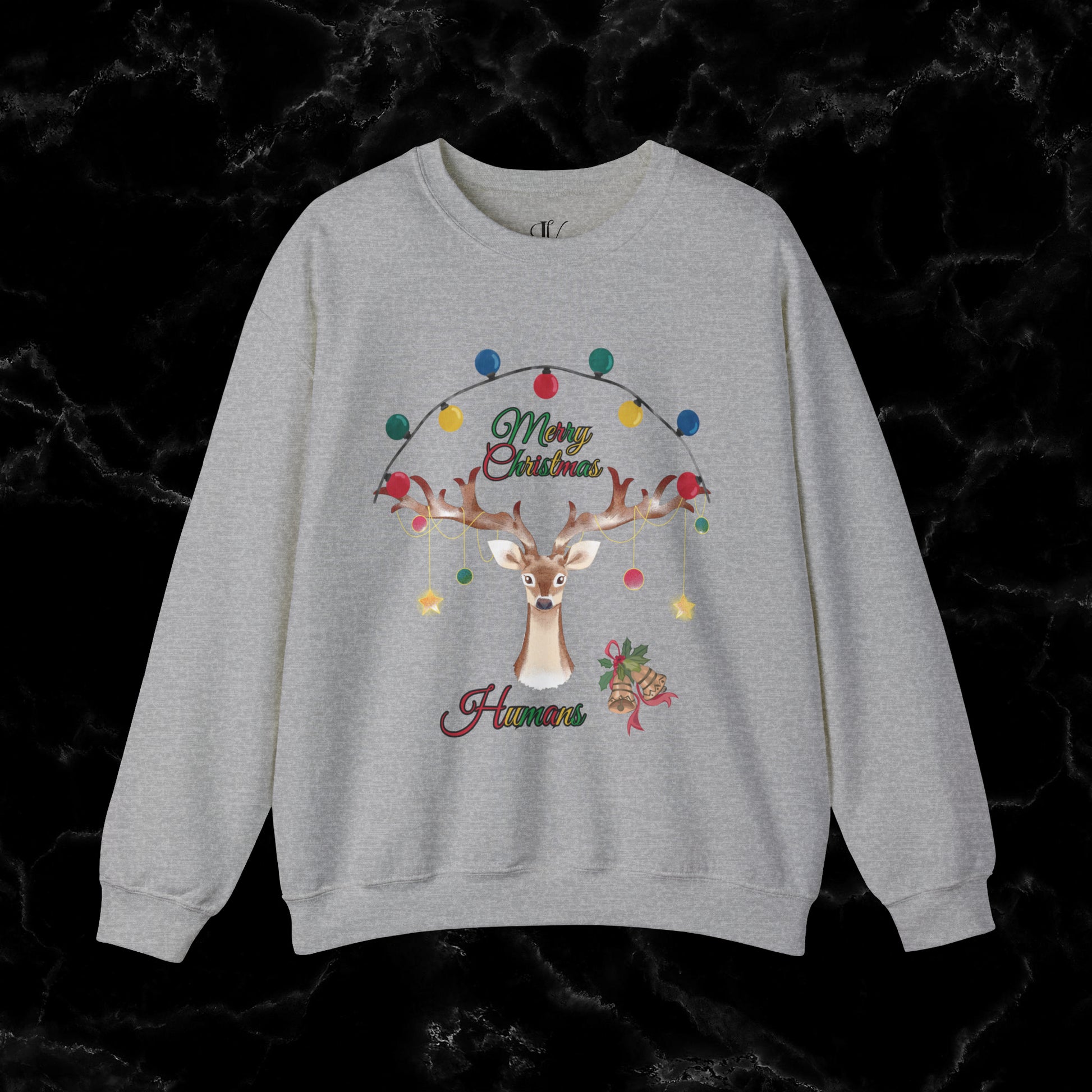 Merry Christmas Reindeer Sweatshirt - Christmas Crewneck for Festive Holiday Cheer | 'Merry Christmas Humans' Sweatshirt S Sport Grey 