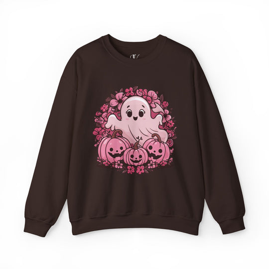 Cute Pink Ghost Halloween Sweatshirt Sweatshirt Printify S Dark Chocolate