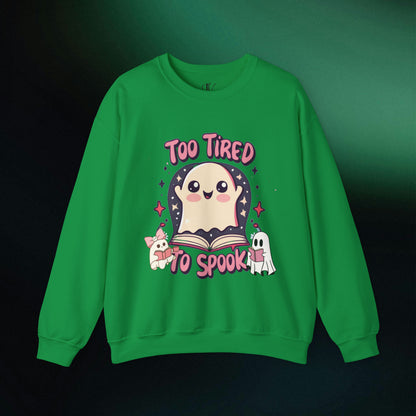 Ghost Reading Books Sweater | Bookish Halloween Sweatshirt - Halloween Teacher Gift, Librarian Halloween Hoodie, Ghost Crewneck - 'Too Tired to Spook' Sweatshirt S Irish Green 