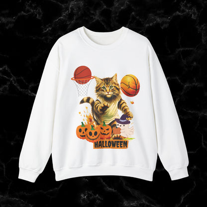 Halloween Cat Basketball Sweatshirt | Playful Feline and Pumpkins | Spooky Sports | Halloween Fun Sweatshirt Sweatshirt S White 