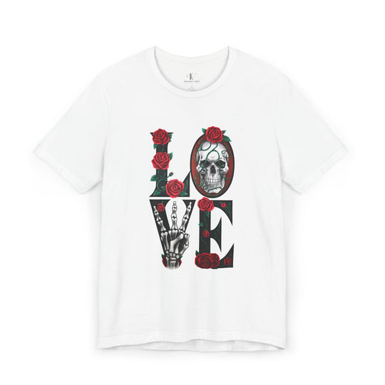 Love, Roses & Bones: Halloween T-Shirt T-Shirt Printify White XS