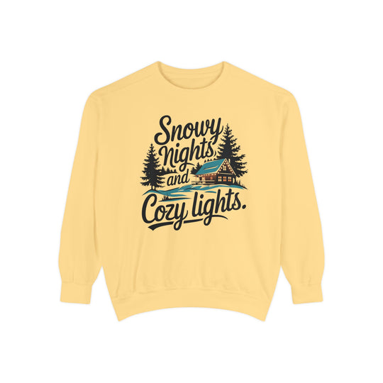 Snowy Nights and Cozy Lights Garment-Dyed Sweatshirt Sweatshirt Printify Butter S