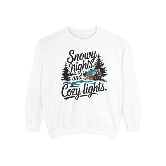 Snowy Nights and Cozy Lights Garment-Dyed Sweatshirt Sweatshirt Printify White S