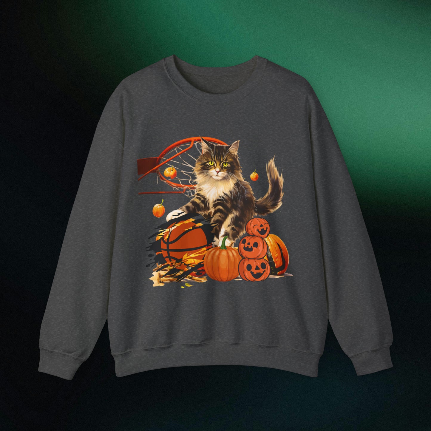 Halloween Cat Basketball Sweatshirt | Playful Feline and Pumpkins - Spooky Sports | Halloween Fun Sweatshirt Sweatshirt S Dark Heather 
