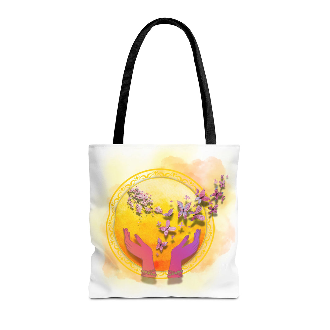 Symbolic Tote Bag with Hands, Orb, Flowers, and Butterflies Bags Printify 16" × 16'' Black