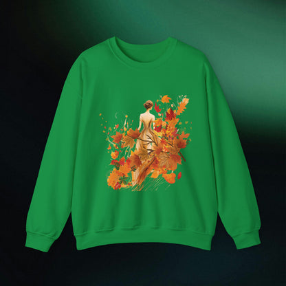 Whimsical Dreams in Autumn Hues: Romantic Dreamy Female Surrounded by Autumn Leaves Sweatshirt Sweatshirt S Irish Green 