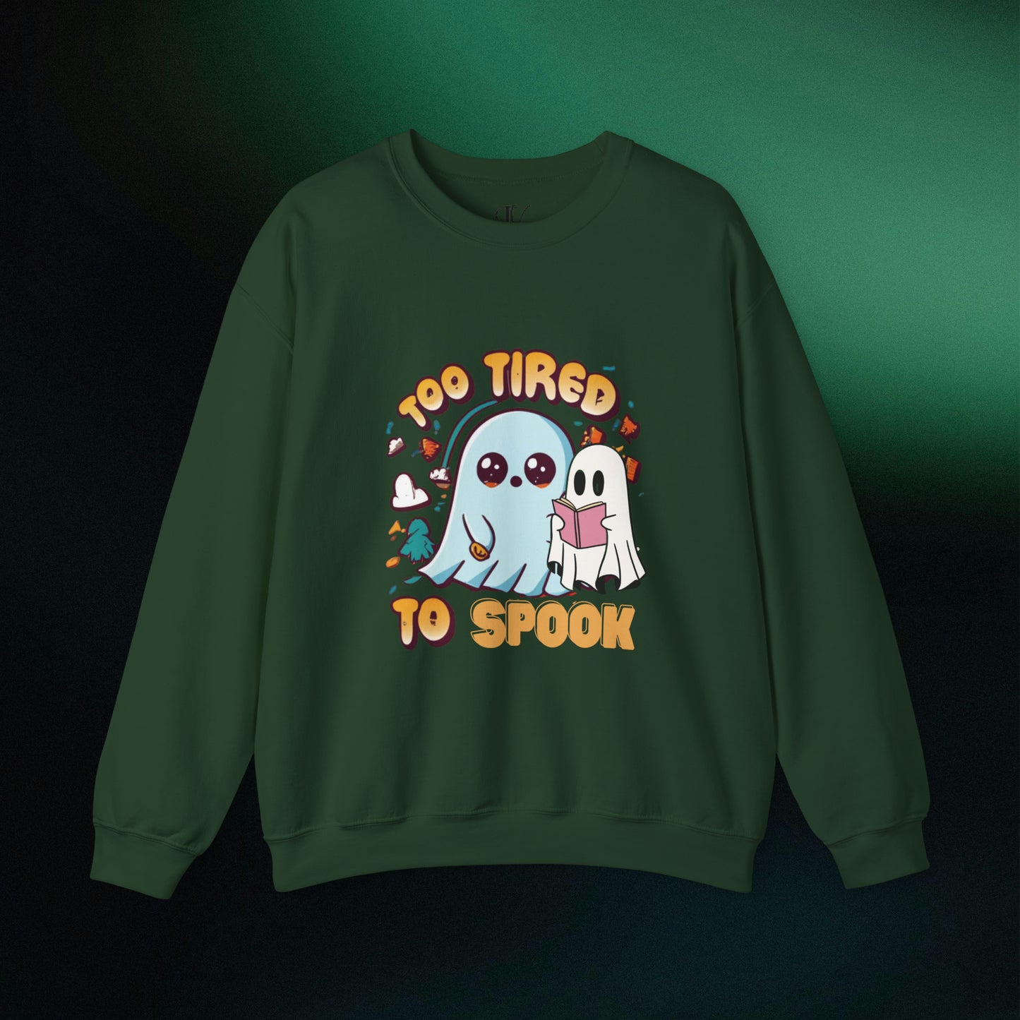 Ghost Reading Books Sweater, Bookish Halloween Sweatshirt, Halloween Teacher Gift, Librarian Halloween Hoodie, Ghost Crewneck Sweatshirt S Forest Green 