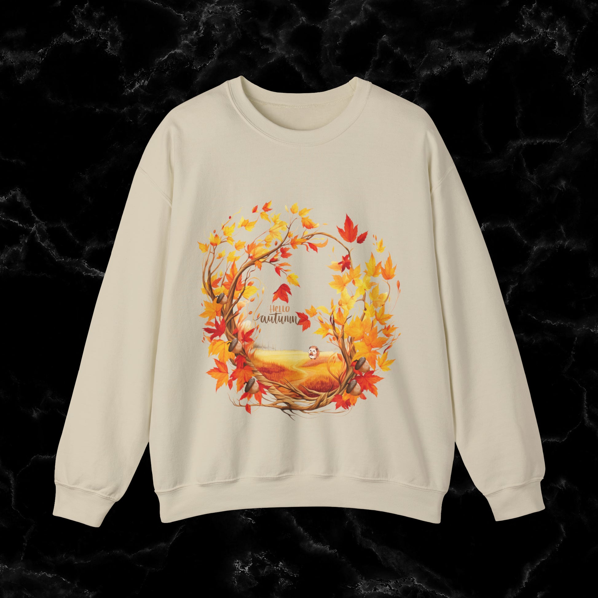 Hello Autumn Sweatshirt | Fall Design - Fall Seasonal Sweatshirt - Beauty Of Autumn Sweatshirt S Sand 