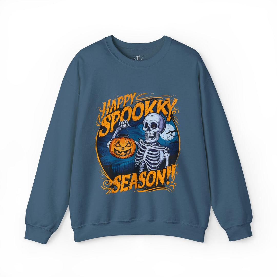 Happy Spooky Season: Skeleton Sweatshirt Sweatshirt Printify S Indigo Blue