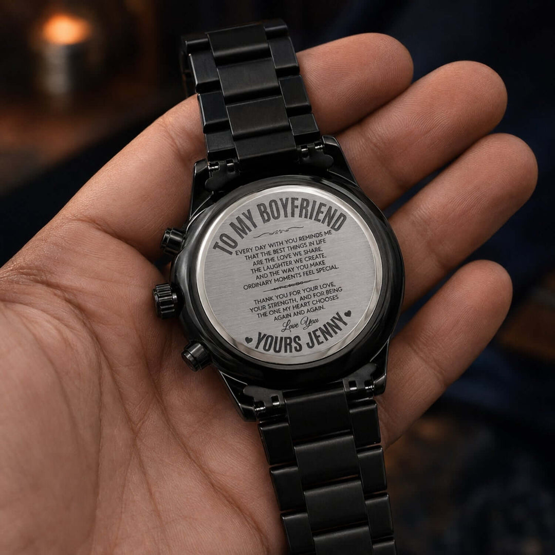 Engraved watch for boyfriend showcasing personalized message on a sleek black watch.
