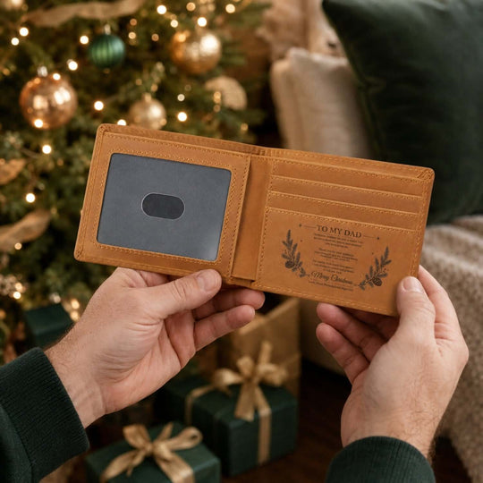 Christmas Gift for Dad – Personalized engraved wallet held open, featuring a heartfelt message and festive background.