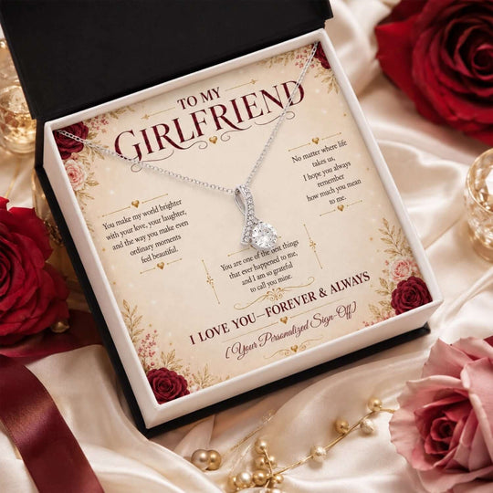 Alluring Beauty Necklace for girlfriend displayed in a romantic gift box with heartfelt message card.