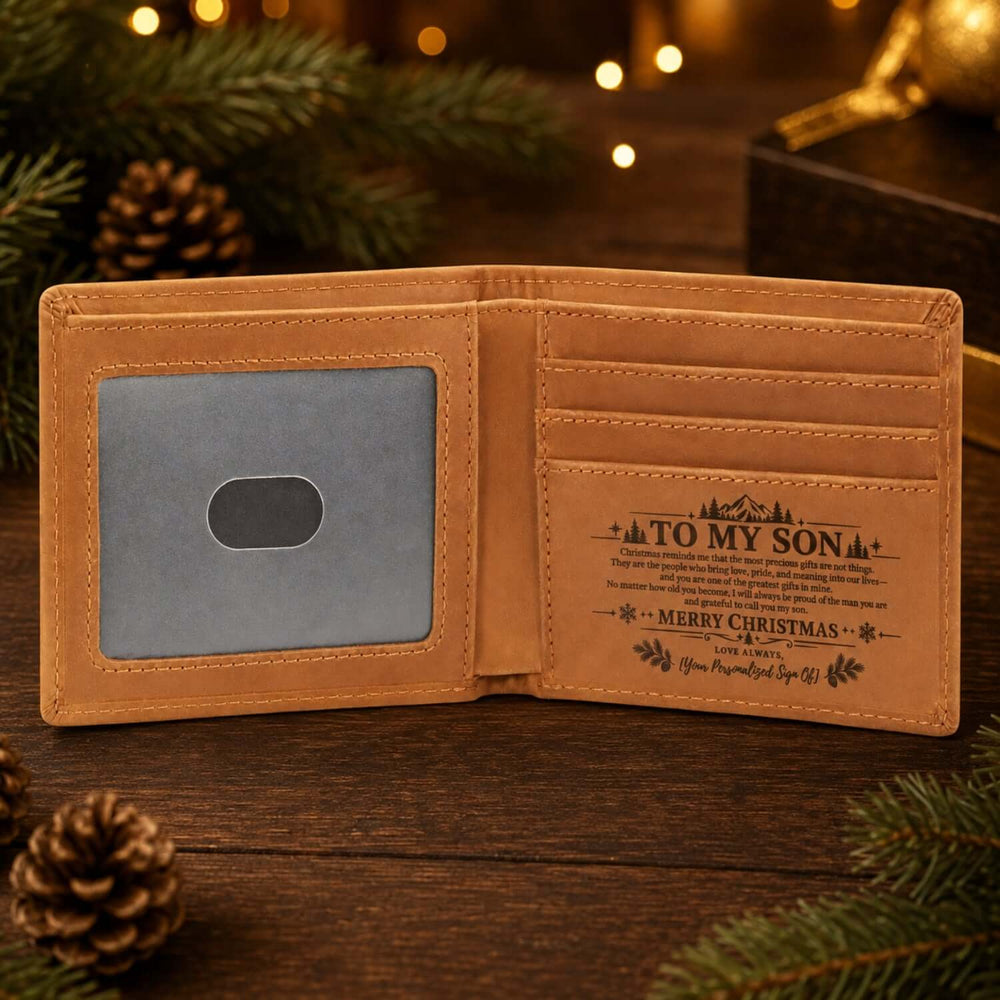 To My Son personalized leather wallet engraved with a heartfelt message, perfect Christmas gift for son wallet.