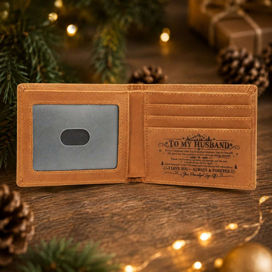 Christmas gift for husband wallet showing personalized leather design with heartfelt message inside.