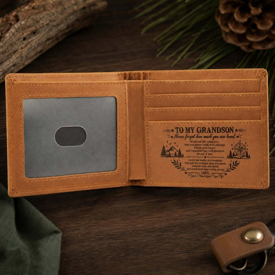 Engraved wallet for grandson with heartfelt message inside, perfect gift for showing love and encouragement.
