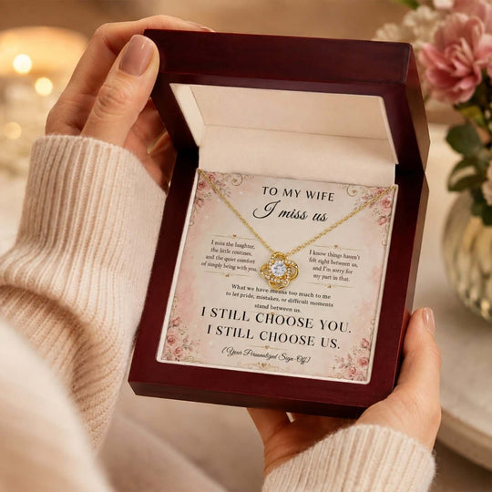 To My Wife – I Miss Us Love Knot Necklace with heartfelt message card in elegant box, a wife apology necklace.