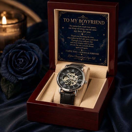 To My Boyfriend Automatic Skeleton Watch in presentation box with heartfelt note, a perfect boyfriend watch gift.