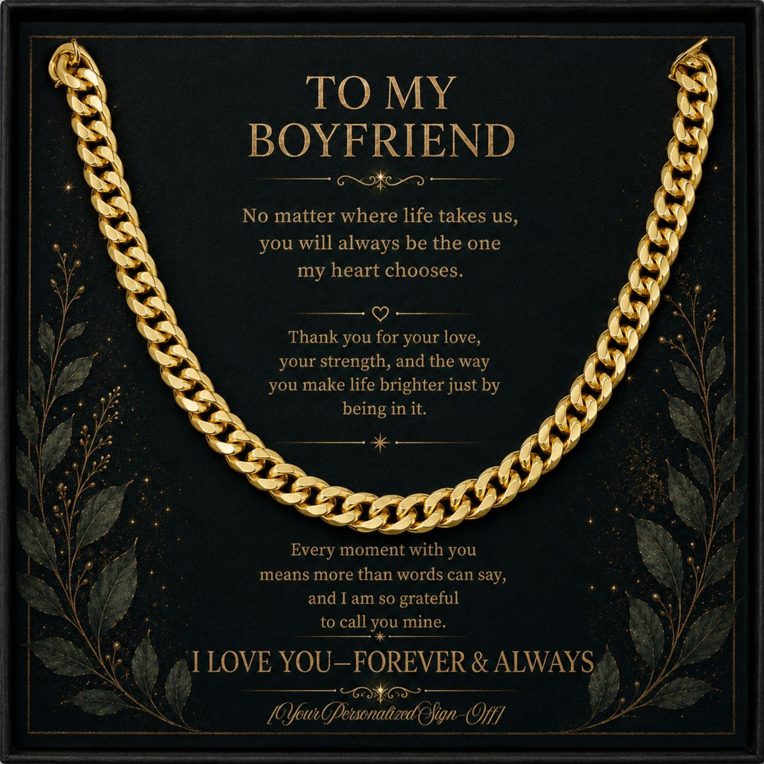 Cuban link chain for boyfriend displayed in a stylish box with heartfelt message.