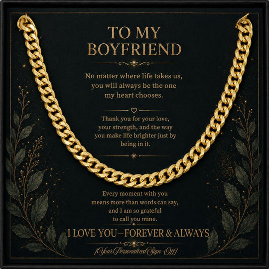 Cuban link chain for boyfriend displayed in a stylish box with heartfelt message.