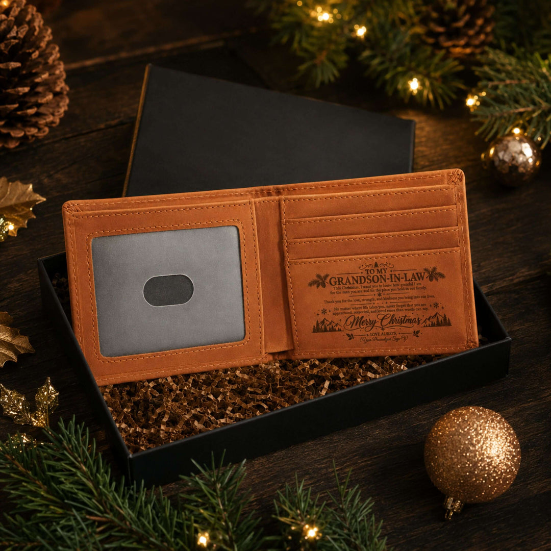 To My GRANDSON-IN-LAW engraved leather wallet in a gift box, perfect grandson-in-law Christmas wallet.