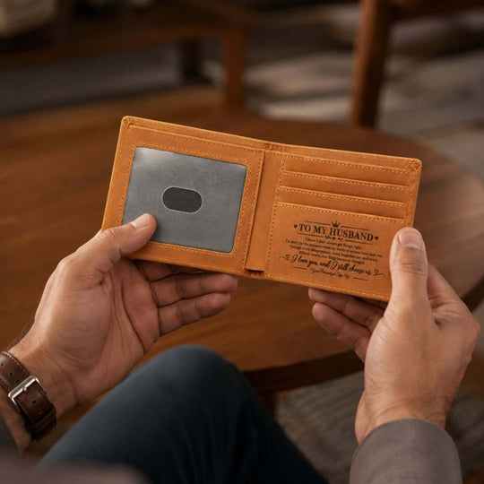 Personalized engraved wallet open, showing heartfelt message inside, perfect as an apology gift for husband.