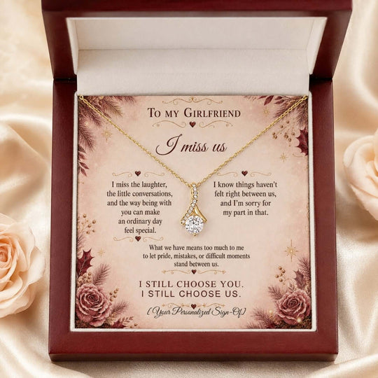 To My Girlfriend I Miss Us necklace in a beautiful box, a perfect apology gift for girlfriend.