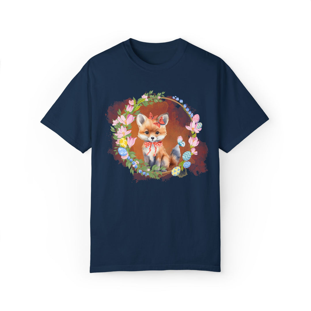 Fox Illustration Springtime Unisex Garment-Dyed T-shirt T-Shirt Printify True Navy S