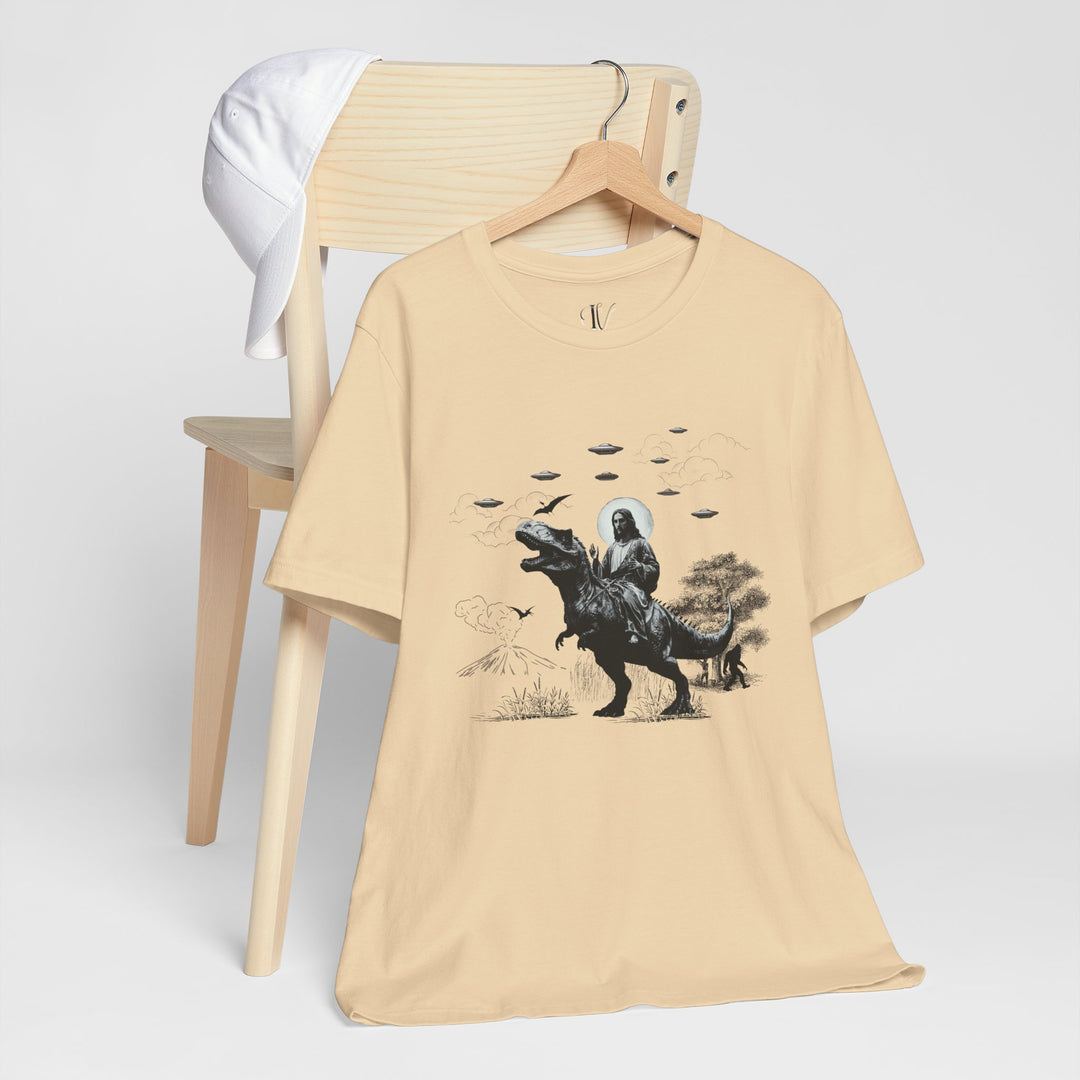 Out-of-This-World Tees: Jesus Riding Dinosaur & UFO T-Shirts (ImaginVibes) T-Shirt Soft Cream XS 