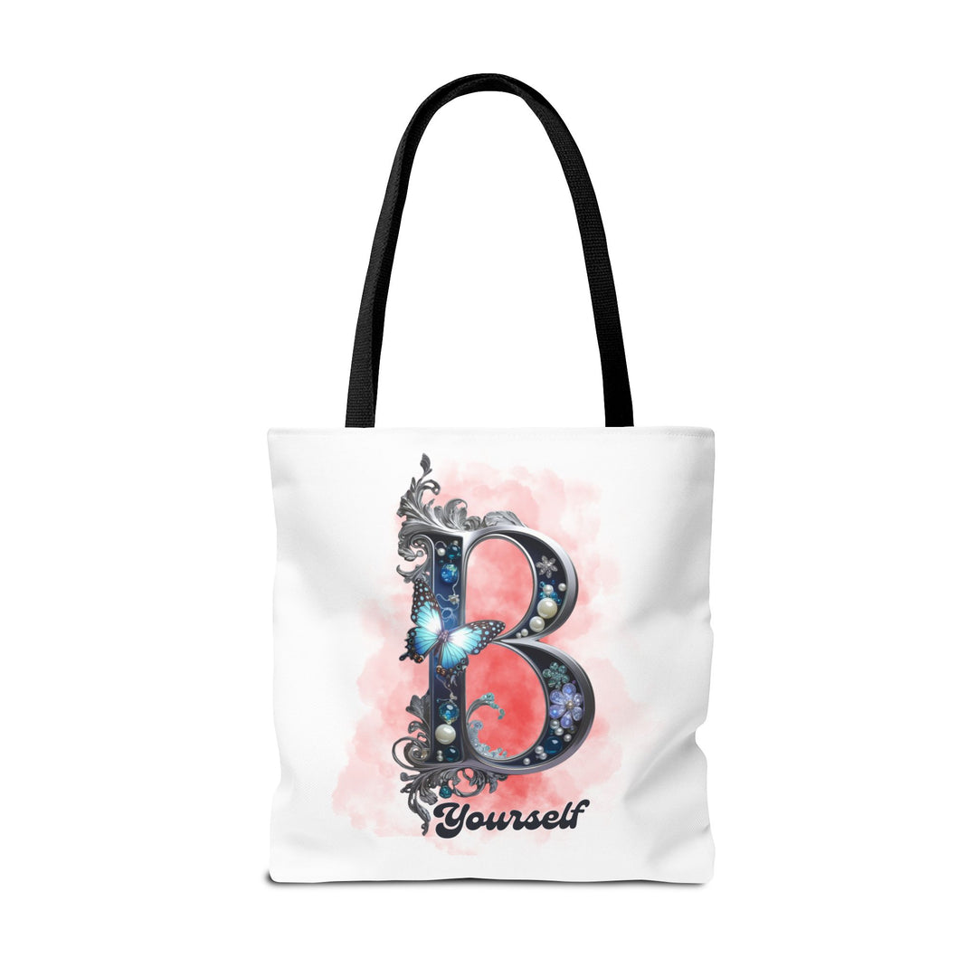 Elegant Feminine Tote Bag with Embellished 'B' and 'Yourself' Bags Printify 18" × 18'' Black