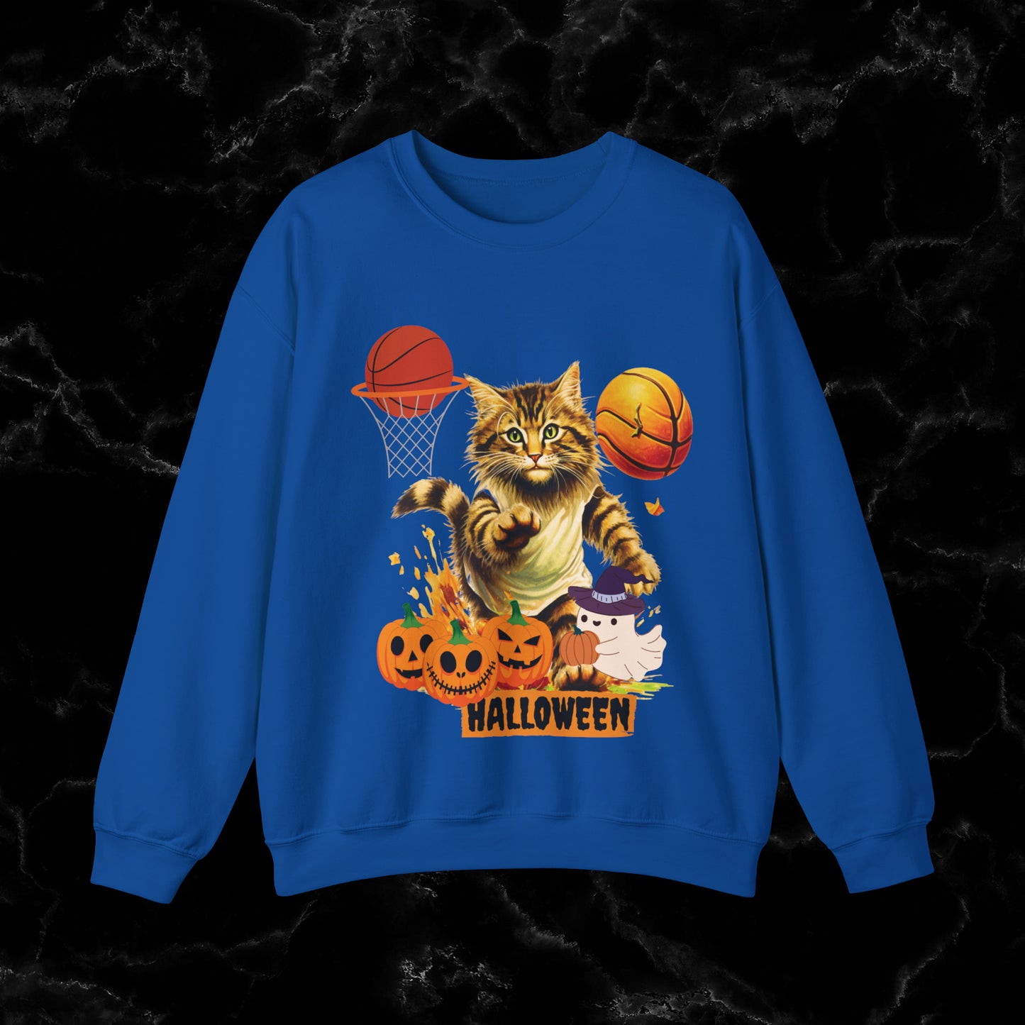 Halloween Cat Basketball Sweatshirt | Playful Feline and Pumpkins | Spooky Sports | Halloween Fun Sweatshirt Sweatshirt S Royal 