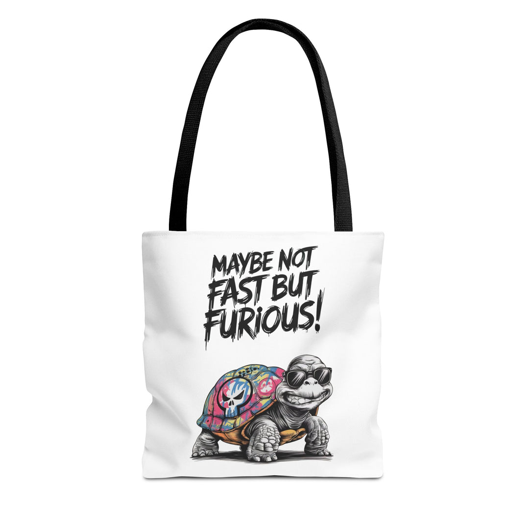 Funny Turtle Tote Bag - Maybe Not Fast But Furious Bags Printify 13" × 13'' Black