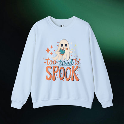 Ghost Reading Books Sweater | Bookish Halloween Sweatshirt - Halloween Teacher Gift, Librarian Halloween Hoodie, Ghost Crewneck - 'Too Tired to Spook' Sweatshirt S Light Blue 