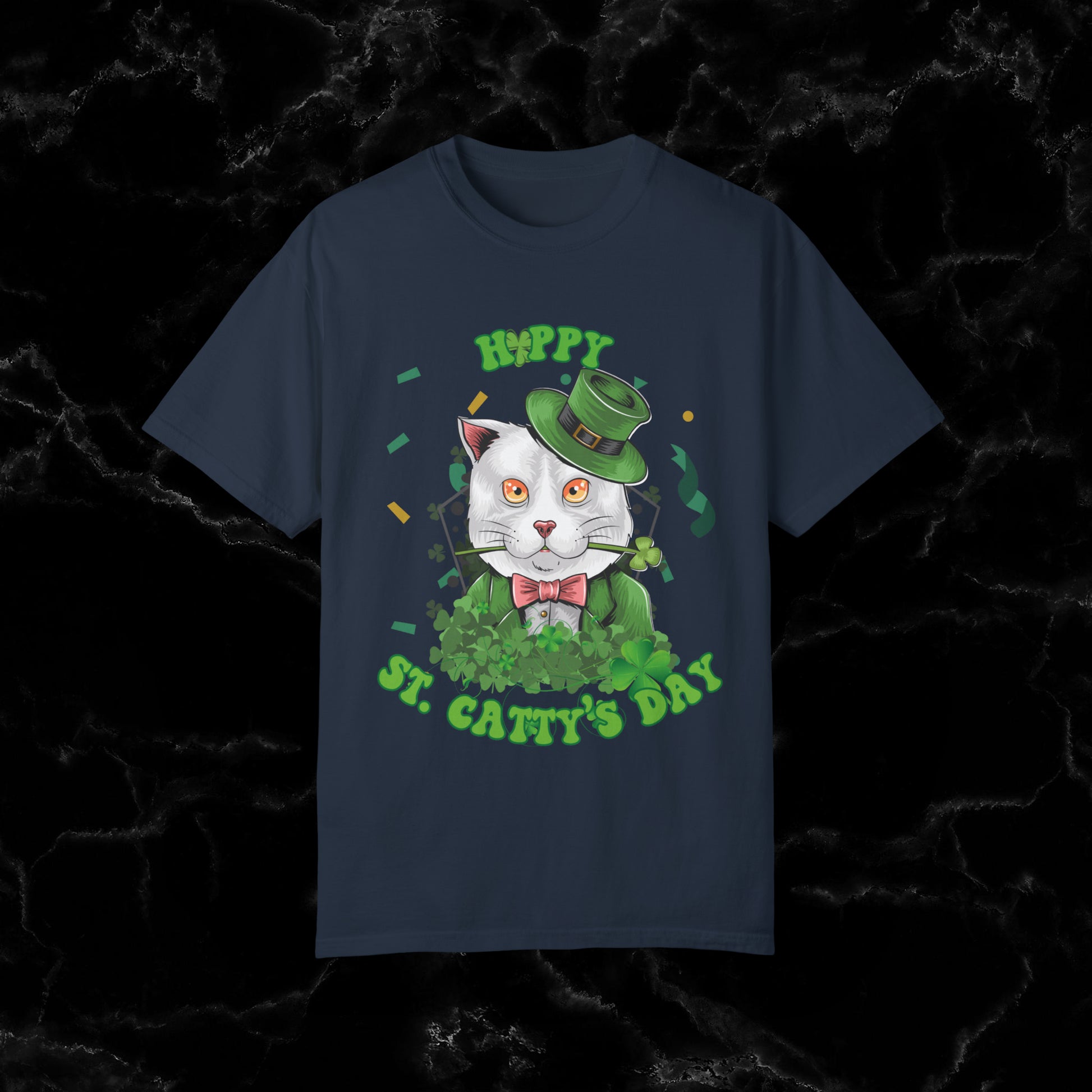 Happy St. Catty's Day Funny St. Patrick's Day Comfort Colors T-Shirt - St. Paddy's Day Shirt for Cat Lover St. Patty's Day Fun T-Shirt Navy S 