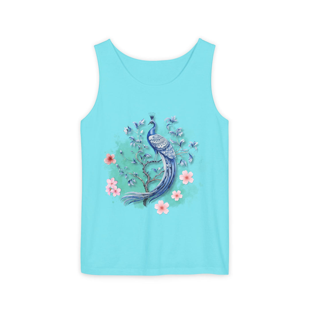 Tank Top - Elegant Blue Peacock and Pink Blossoms Tank Top Printify Lagoon Blue XS