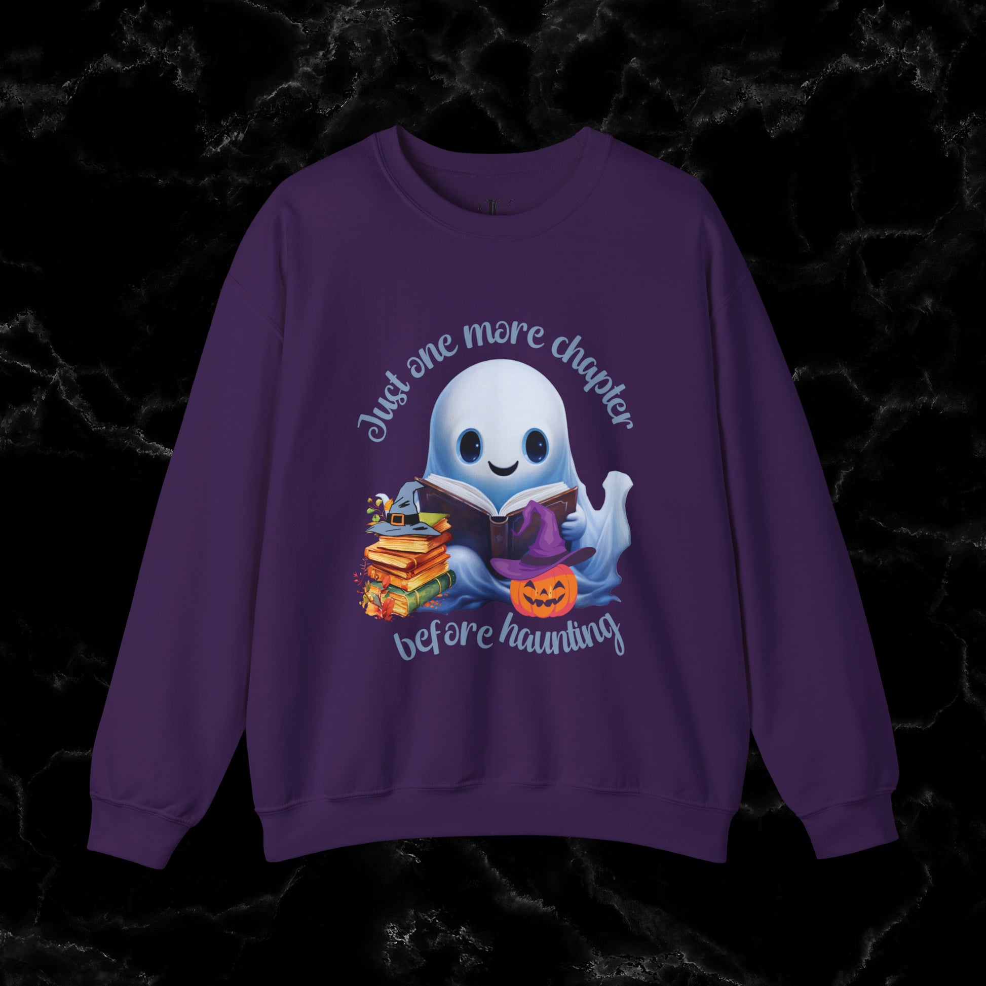 Just One More Chapter Sweatshirt | Book Lover Halloween Sweater - Librarian Sweatshirt - Halloween Student Sweater - Halloween Ghost Book Ghost Sweatshirt S Purple 