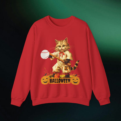 Halloween Cat Baseball Sweatshirt | Happy Halloween - Spooky Sports | Halloween Fun Sweatshirt Sweatshirt S Red 
