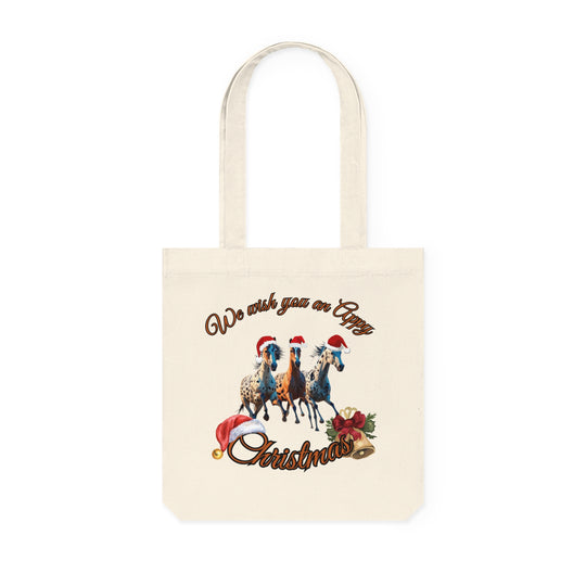 Christmas Tote Bag - Woven Tote Bag with Festive Appaloosa Horses Bags Printify Natural 14.6" x 15.4"