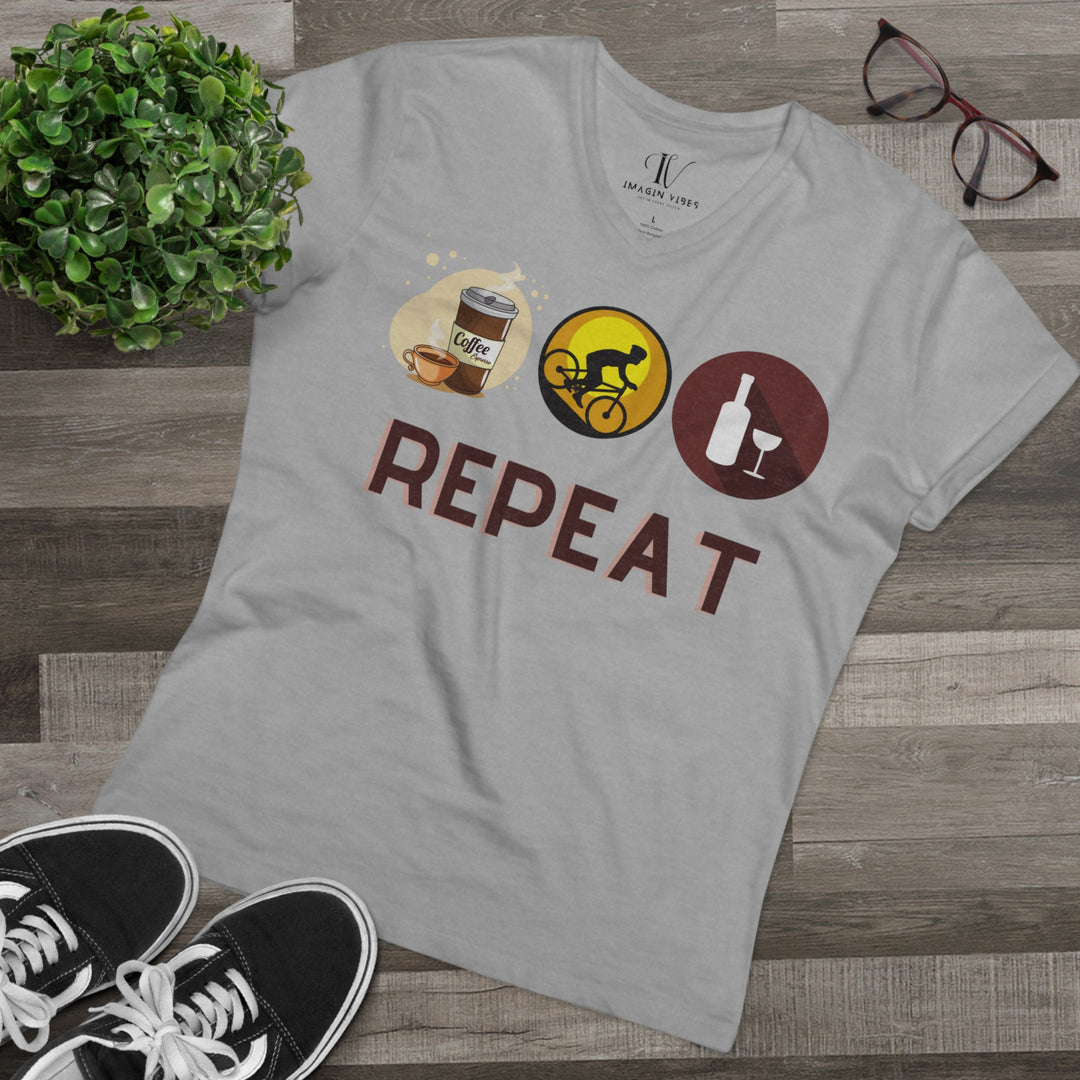 V-neck T-Shirt - Coffee, Ride, Wine, Repeat - Minimalist V-neck Printify Heather Grey S