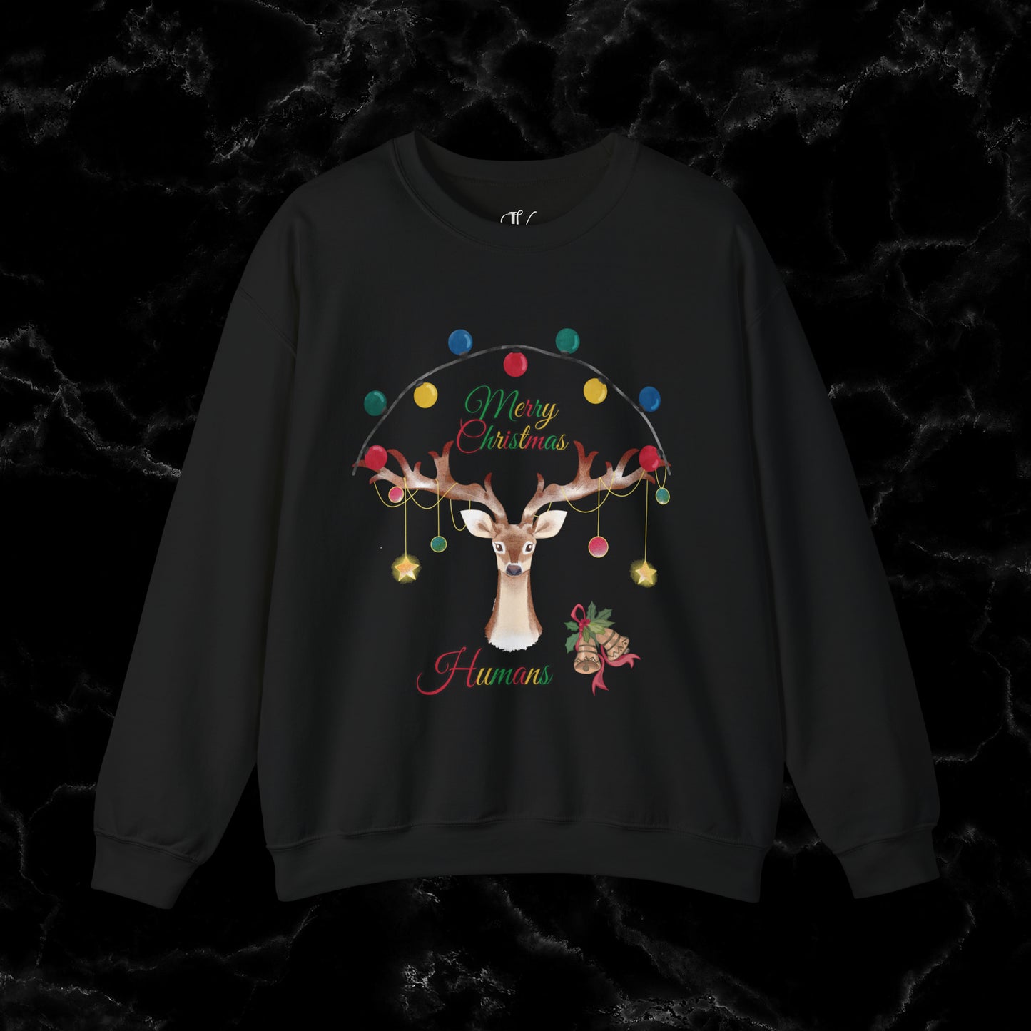 Merry Christmas Reindeer Sweatshirt - Christmas Crewneck for Festive Holiday Cheer | 'Merry Christmas Humans' Sweatshirt S Black 