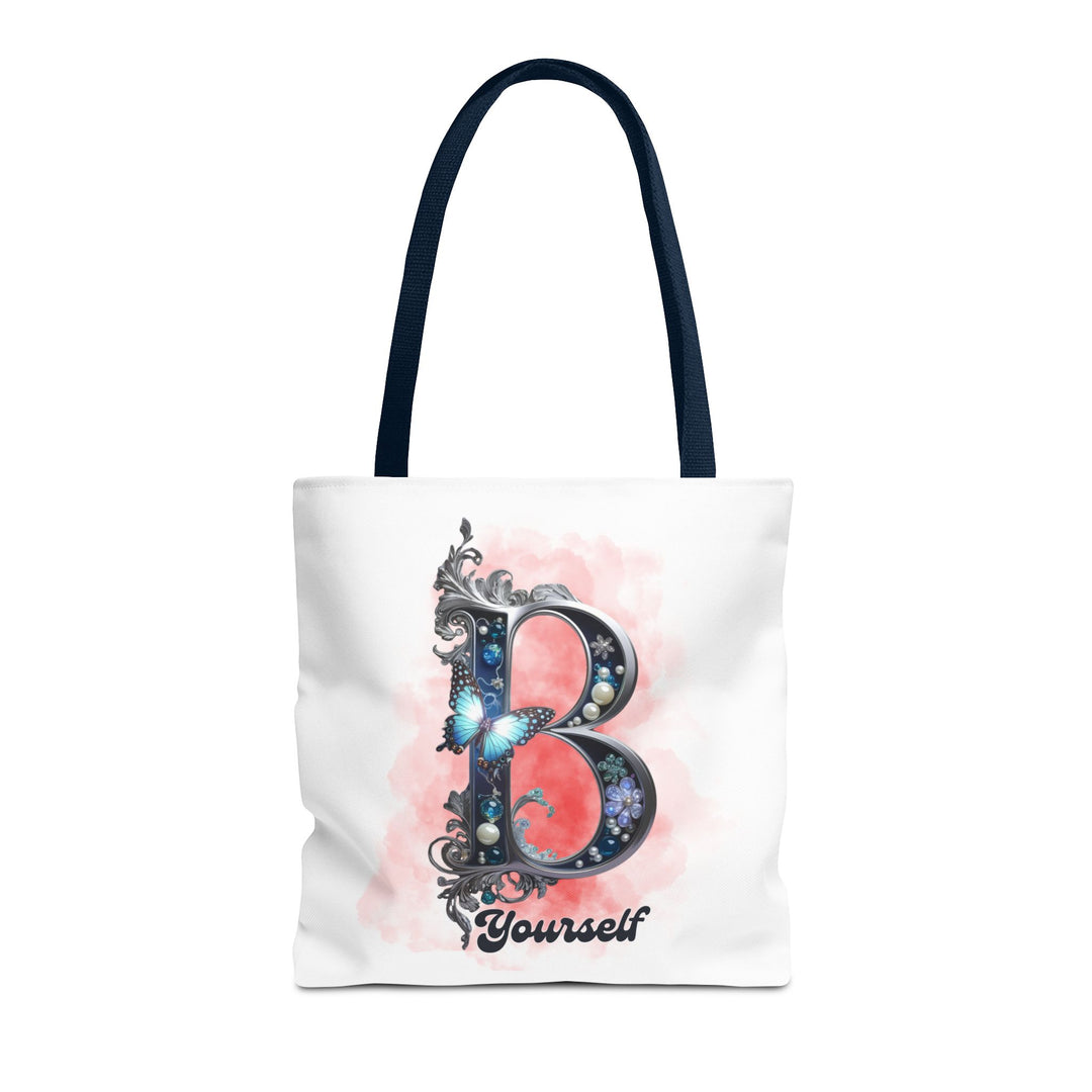 Elegant Feminine Tote Bag with Embellished 'B' and 'Yourself' Bags Printify 16" × 16'' Navy