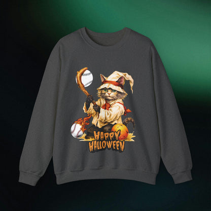 Halloween Cat Baseball Sweatshirt | Playful Feline and Pumpkins - Spooky Sports | Halloween Fun Sweatshirt Sweatshirt S Dark Heather 